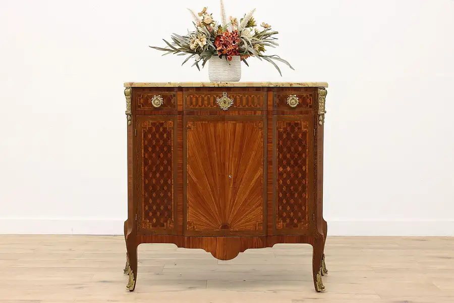 Main image of French Antique Marquetry & Marble Chest, Console or Bar Cabinet