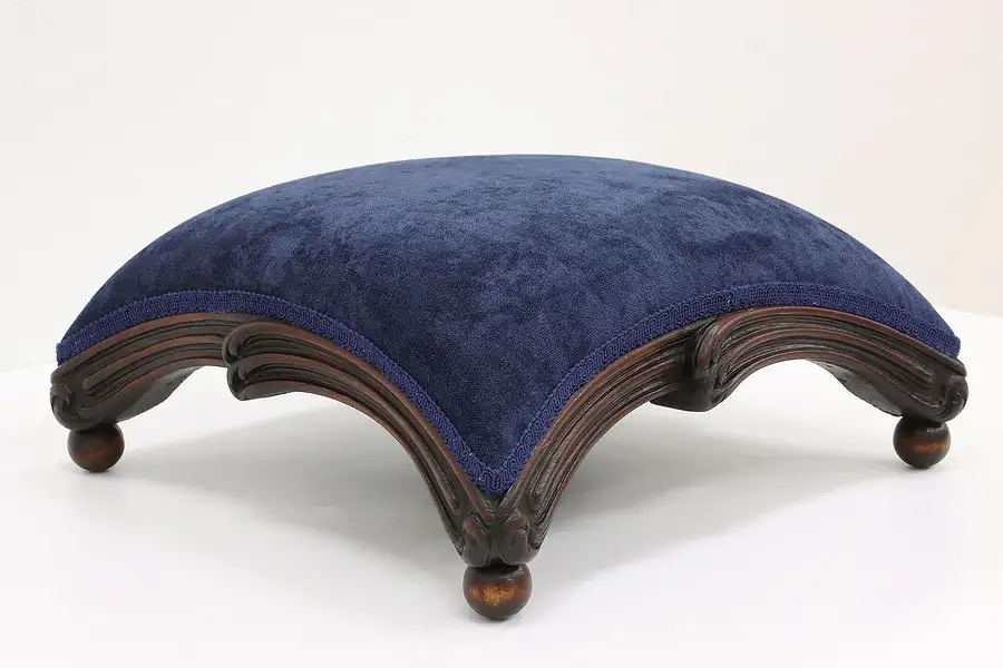 Main image of Art Nouveau Antique Carved Walnut Footstool, New Velvet Upholstery