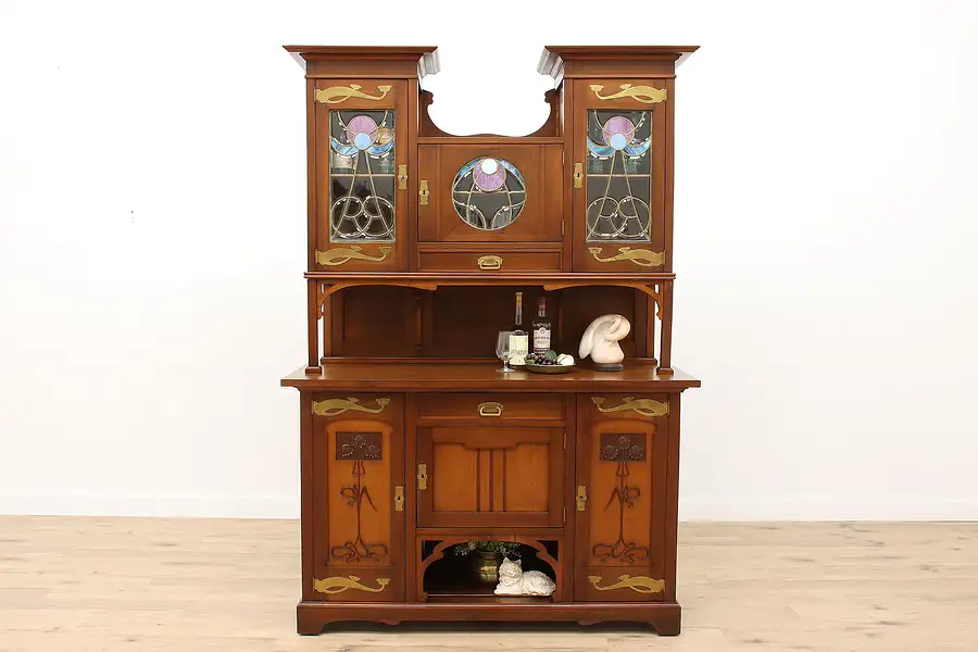 Main image of Art Nouveau Antique Cherry Bar Cabinet, Sideboard, Server, Leaded Glass