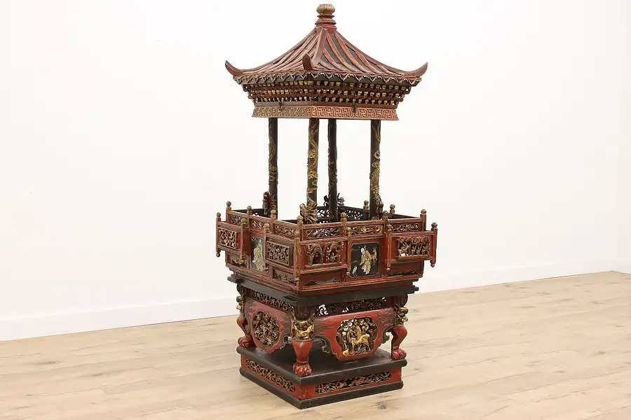 Main image of Chinese Antique Carved Temple or Shrine, Painted Lacquer Scenes, Dragons