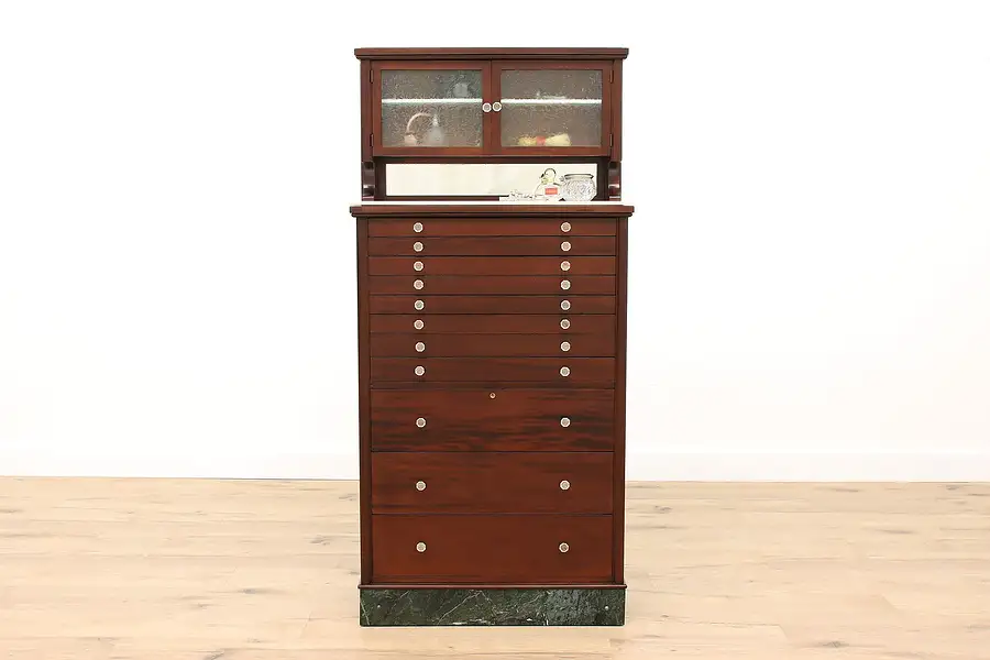 Main image of Dentist Antique Mahogany Dental, Jewelry, Collector Cabinet, Marble Base