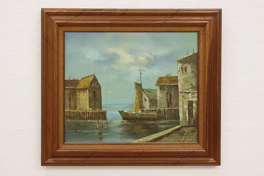 Main image of Ocean Harbor with Sailboat Vintage Original Oil Painting, Kay 32.5"