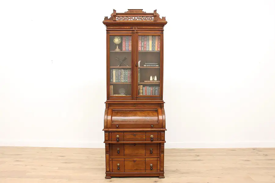 Main image of Victorian Eastlake Antique Walnut Roll Top Secretary Desk & Bookcase