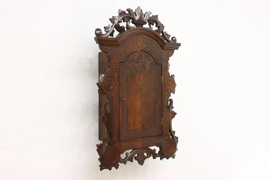 Main image of Black Forest Carved Swiss Antique Medicine Chest or Tobacco Cabinet