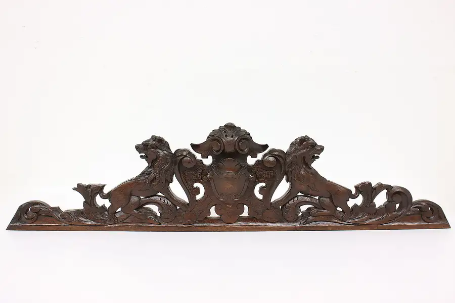 Main image of Renaissance Antique Architectural Salvage Oak Crest with Carved Lions