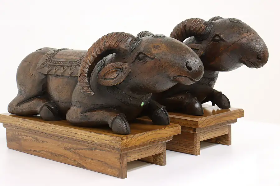 Main image of Pair of Burmese Hand Carved Vintage Statues Temple Ram Sculptures