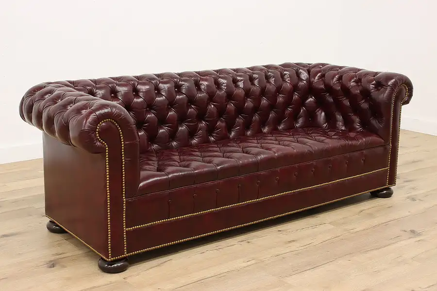 Main image of Chesterfield Tufted Leather Vintage Burgundy Sofa, Hickory Chair