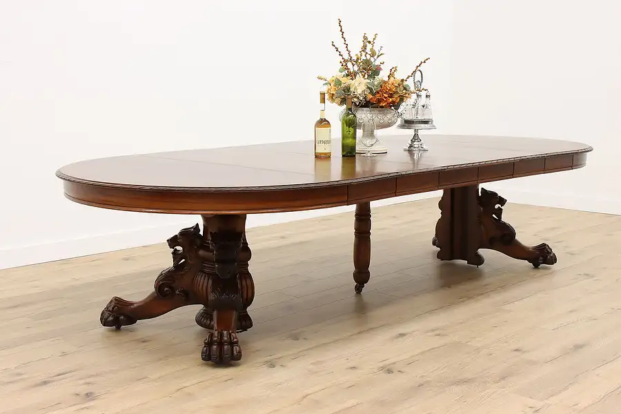 Main image of Empire Antique 5' Round Mahogany Dining Table, Extends 11,' Carved Lions