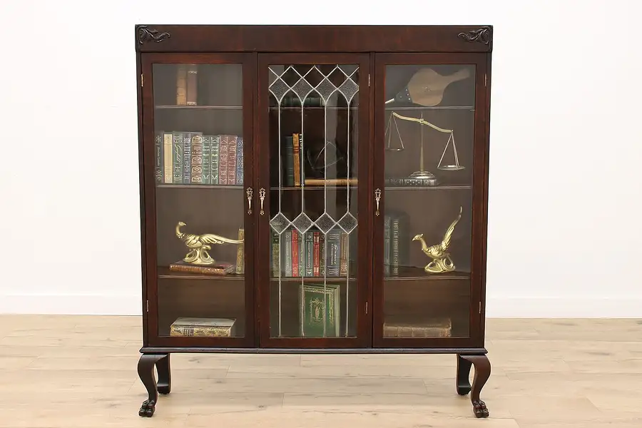 Main image of Victorian Antique Oak Leaded Glass Office or Library Triple Bookcase