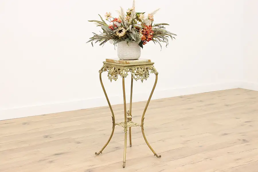 Main image of Victorian Antique Onyx & Brass Sculpture Pedestal or Plant Stand, Cherubs