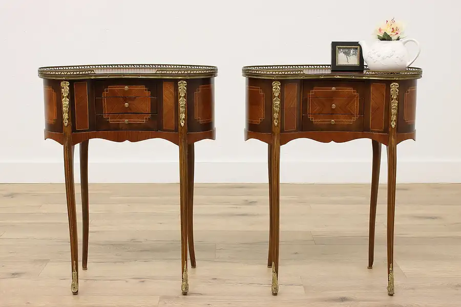 Main image of Pair of French Style Vintage Nightstands or End Tables, Marquetry