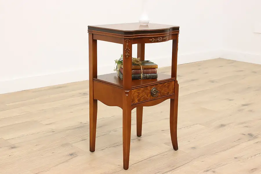 Main image of French Design Vintage Flame Grain Mahogany Nightstand End Table, Romweber