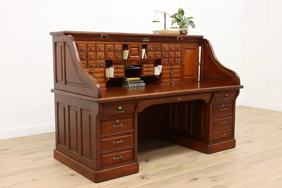 Main image of Victorian Antique Mahogany Roll Top Office or Library Desk, 52 Drawers