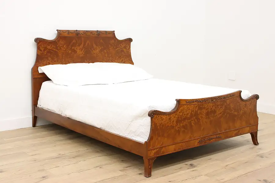 Main image of French Design Vintage Carved Flame Grain Mahogany Full Size Bed Romweber