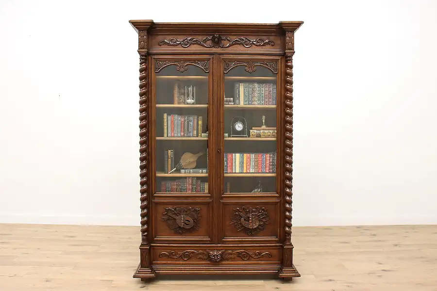 Main image of Black Forest Antique Renaissance Carved Oak Office or Library Bookcase