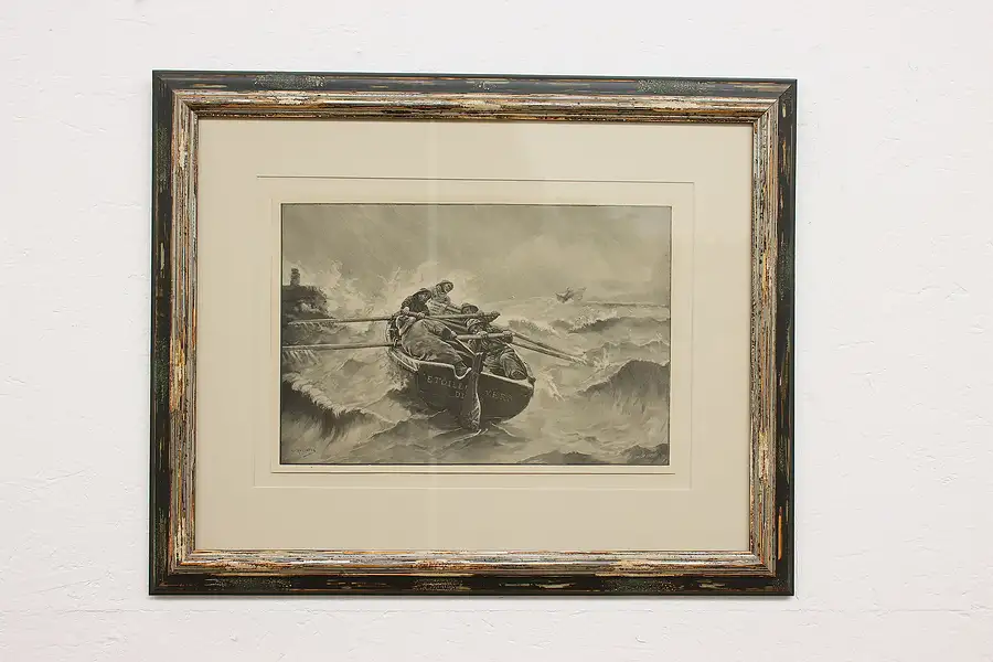 Main image of Fisherman Battling Sea Antique Original Victorian Engraving, Signed 31"