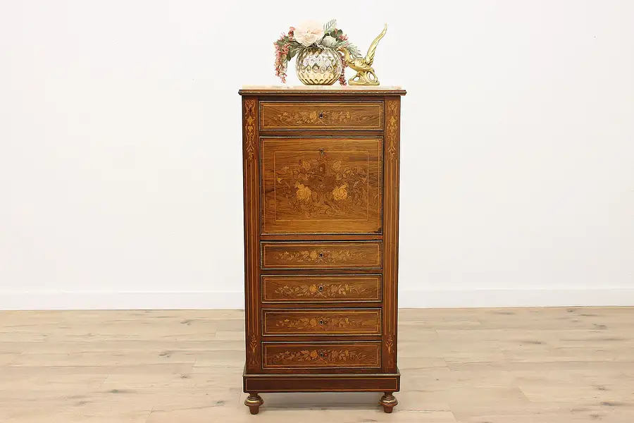 Main image of English Antique Marquetry Secretary Desk, Marble Top