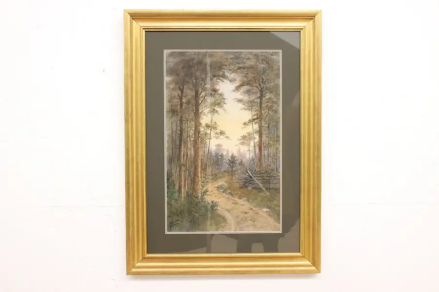 Main image of Winding Path in Forest Antique Original Watercolor Painting, Signed 38.5