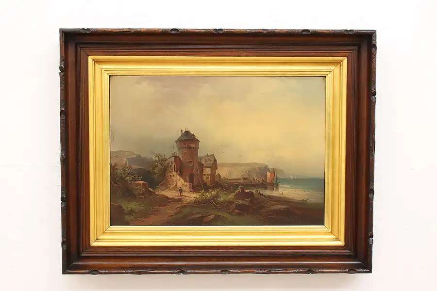 Main image of Medieval Fortress & Lake Antique Victorian Chromolithograph, Signed 47"