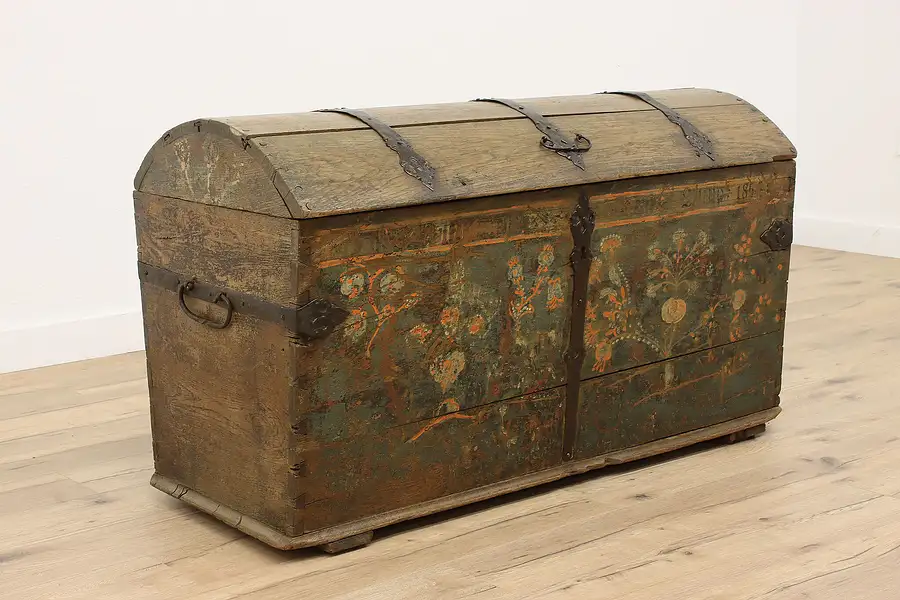 Main image of Farmhouse Immigrant Antique Chest Oak Trunk Hand Painted, Signed 1854