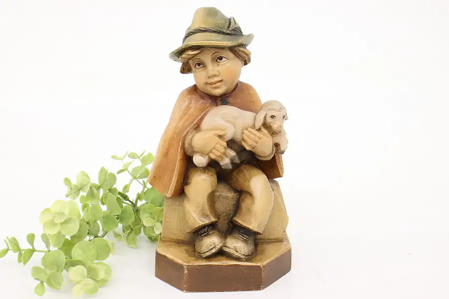 Main image of Swiss Hand Carved Vintage Folk Art Statue Child with Lamb Sculpture