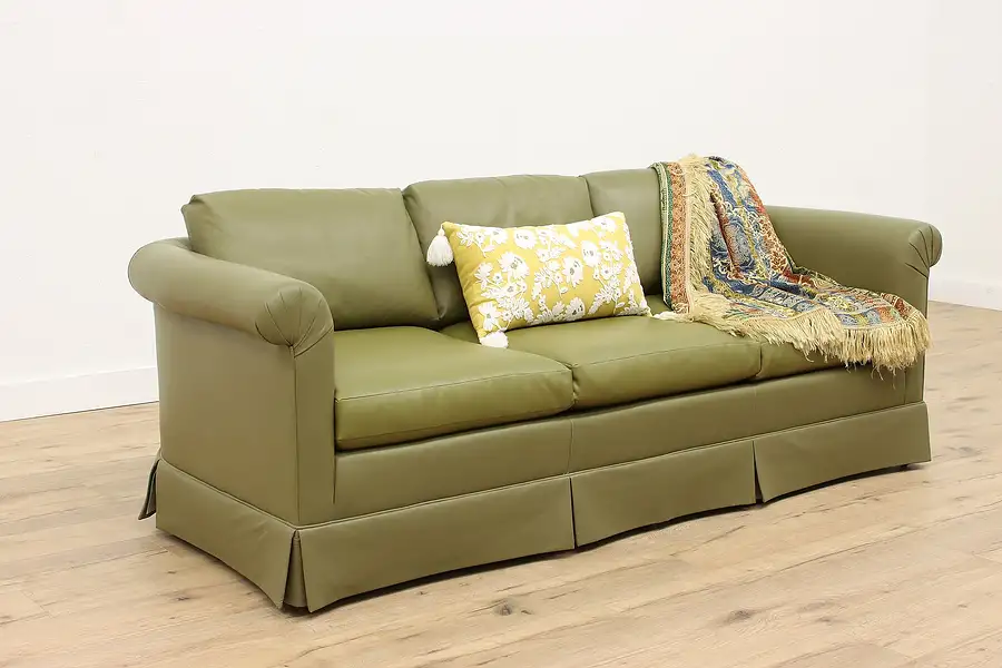 Main image of Traditional Vintage Green Leather Three Cushion Sofa, Baker