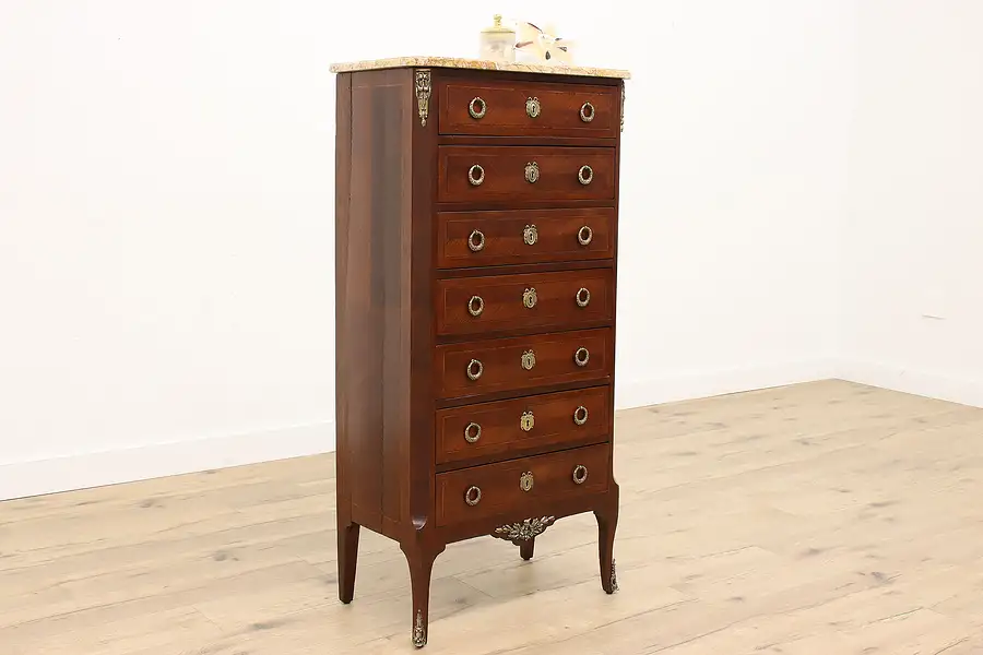 Main image of French Antique Rosewood & Mahogany Lingerie Chest Semainier, Marble Top