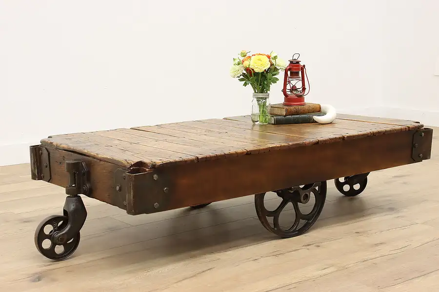 Main image of Industrial Factory Salvage Antique Farmhouse Railroad Cart, Coffee Table