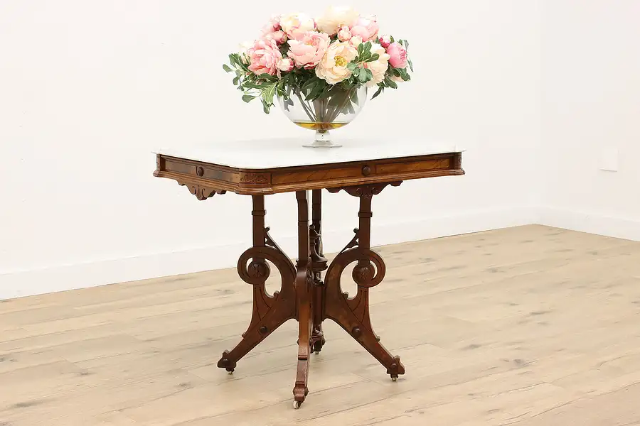 Main image of Victorian Eastlake Carved Walnut Antique Hall or Lamp Table, Marble Top