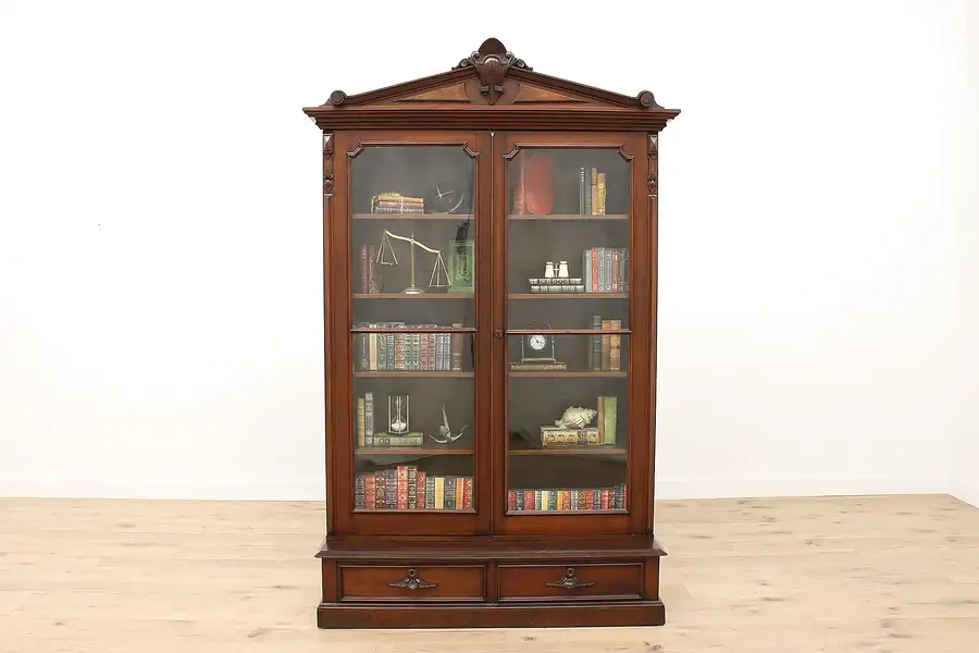 Main image of Victorian Carved Walnut Antique Office Library Bookcase Display Cabinet