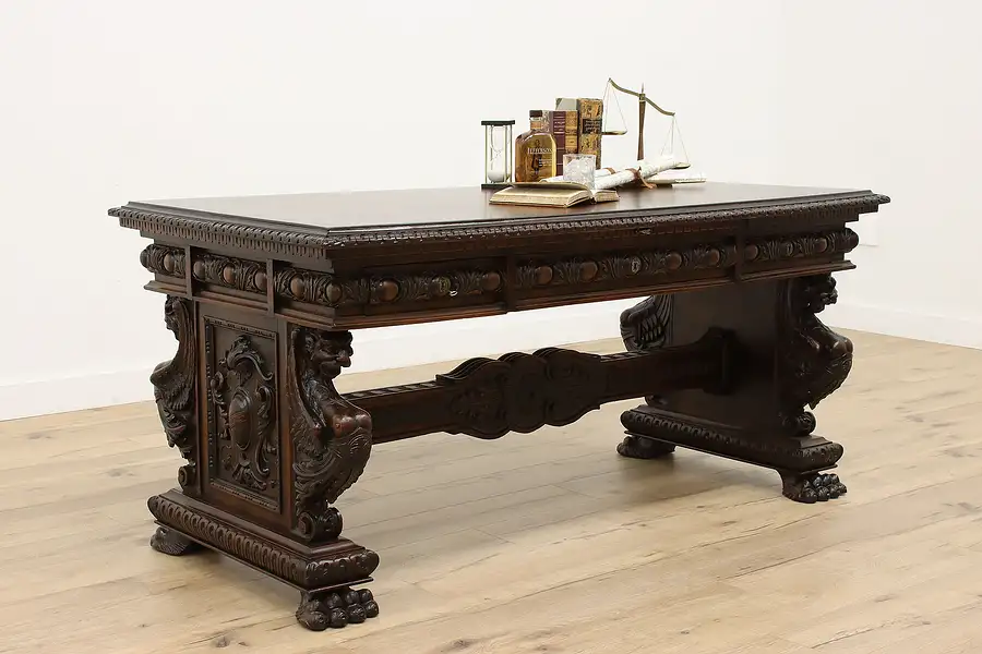 Main image of Italian Renaissance Antique Walnut Office Library Desk, Carved Griffins