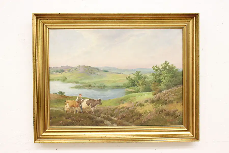 Main image of Farmer with Cows in Meadow Vintage Original Oil Painting, Skodstrup 31.5"