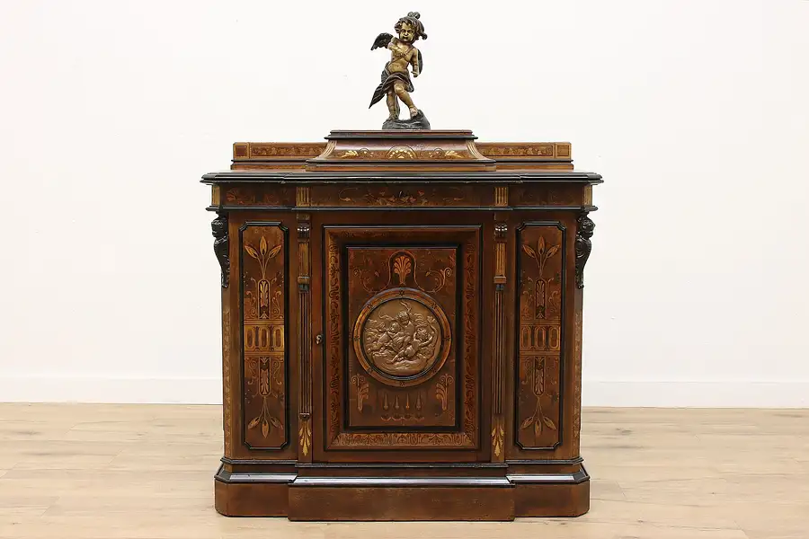 Main image of Gilded Age Antique Rosewood Marquetry Hall or Entryway Cabinet, Herter?