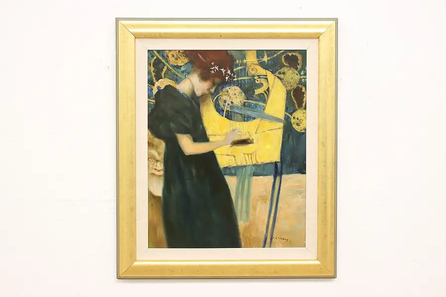 Main image of The Music Vintage Oil Painting of Harpist after Klimt, Williams 39.5"