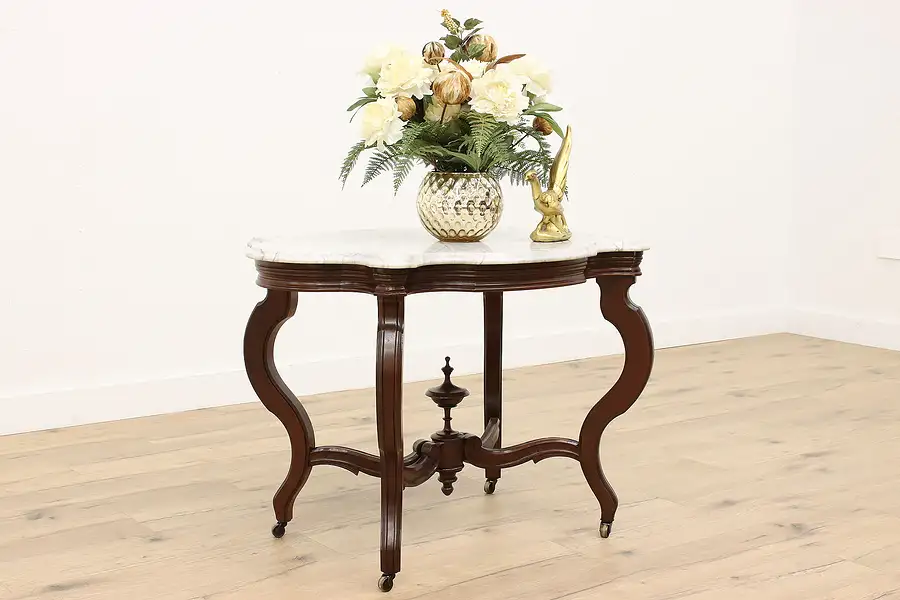 Main image of Victorian Antique Marble Turtle Top Carved Walnut Lamp or Parlor Table