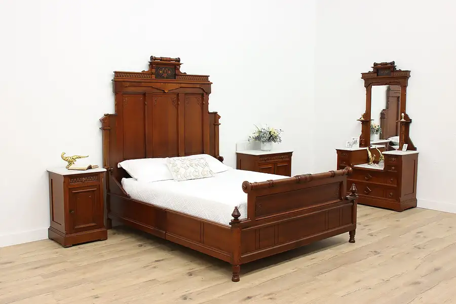 Main image of Victorian Eastlake Antique Walnut & Marble 4 Pc Bedroom Set, Queen Bed