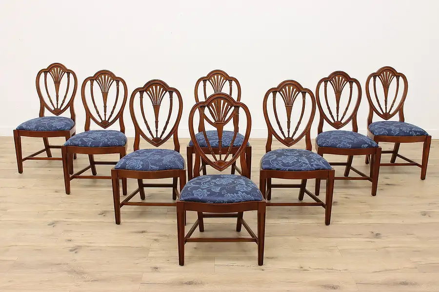 Main image of Set of 8 Georgian Shield Back Vintage Dining Chairs, New Upholstery