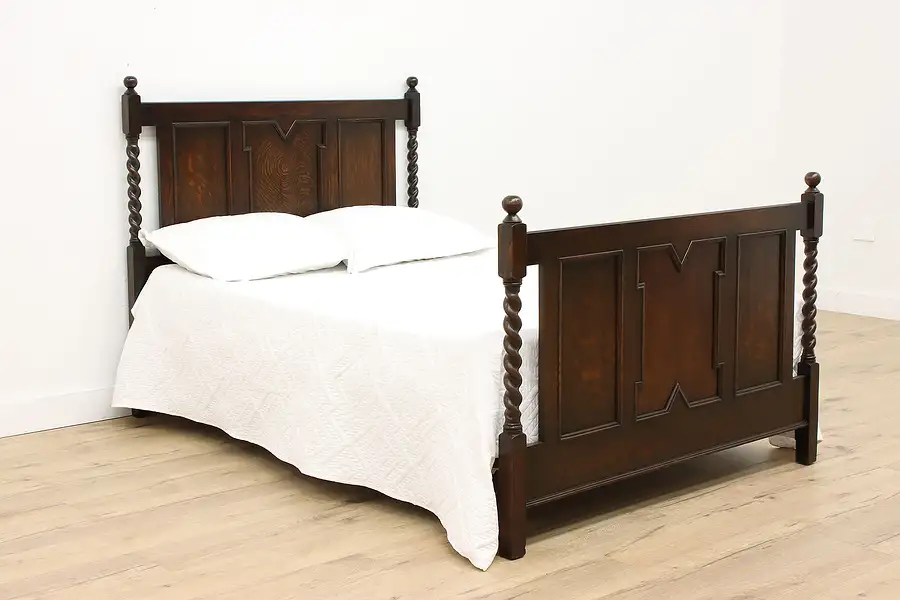 Main image of English Tudor Design Antique Carved Oak Full Size Bed, Spiral Columns