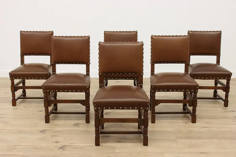 Main image of Set of 6 Traditional Antique Oak & Leather Dining Chairs, Brass Studs