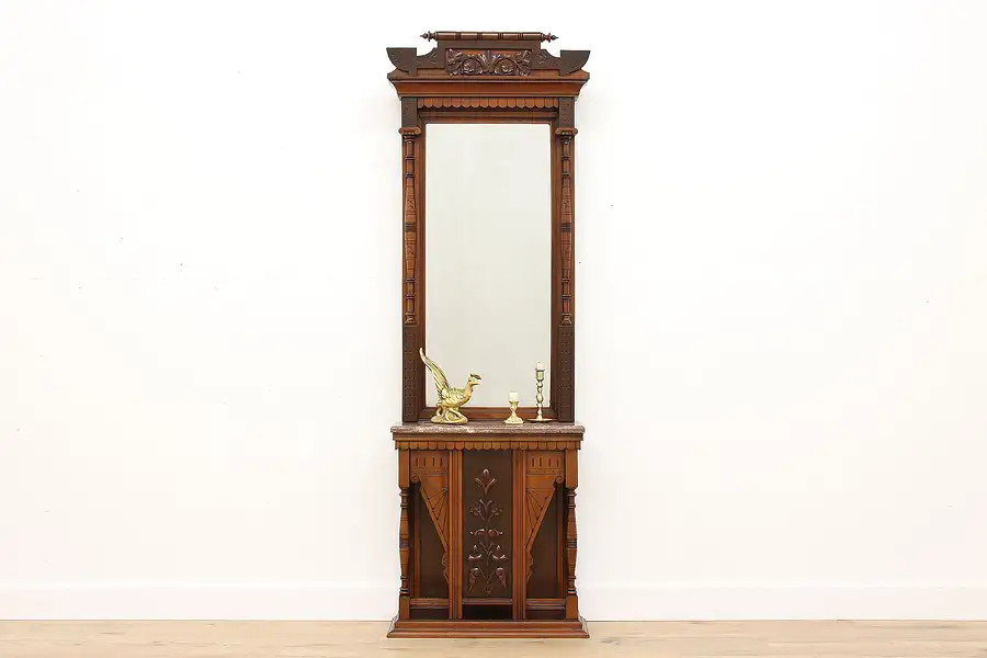 Main image of Victorian Eastlake Antique Walnut & Marble Pier, Hall or Dressing Mirror