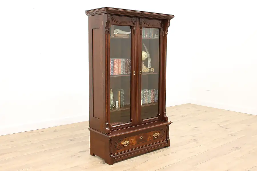 Main image of Victorian Eastlake Antique Walnut & Burl Office or Library Bookcase