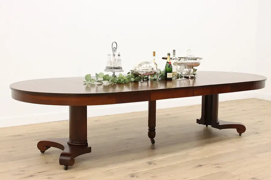 Main image of Empire Antique Round 54" Mahogany Dining Table, 6 Leaves Extends 10'