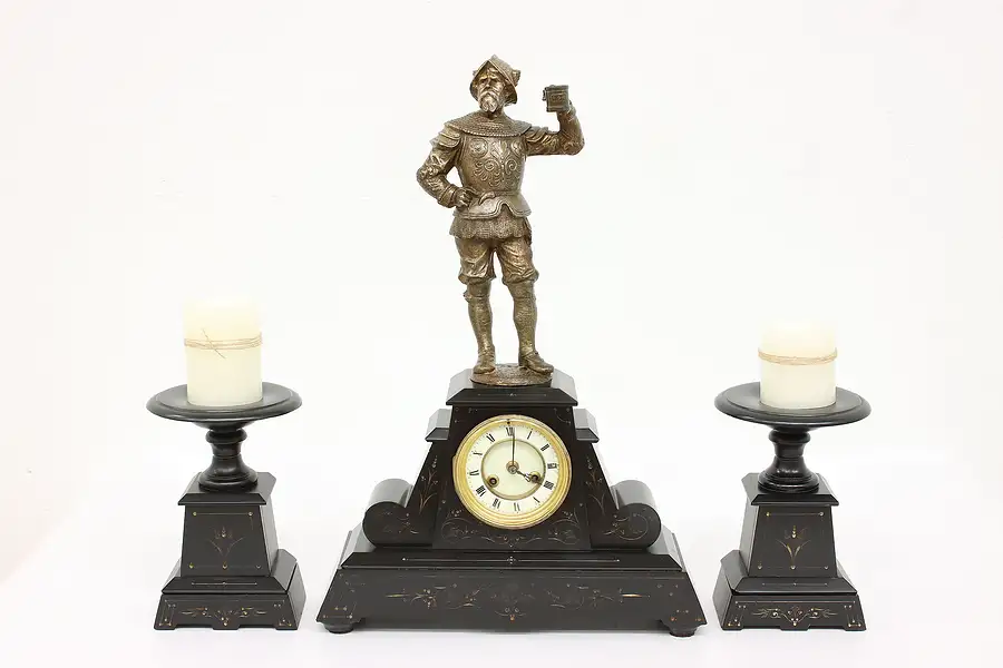 Main image of French Antique 3 Pc Black Marble Statue Mantel Clock Set, Marti