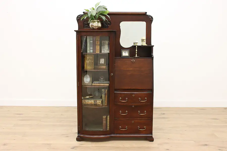 Main image of Victorian Antique Oak Side by Side Secretary Desk & Curved Glass Bookcase