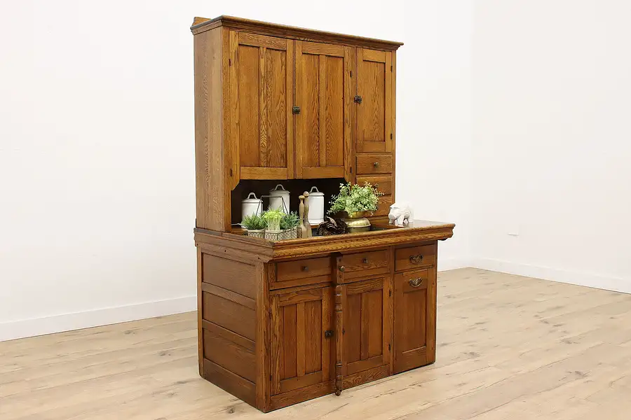 Main image of Farmhouse Antique Oak Dry Sink Kitchen Pantry Cabinet Baker Cupboard