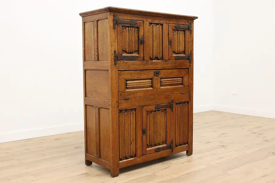 Main image of Dutch Oak 1840 Antique Oak Bar or Library Cabinet, Linen Fold Panels