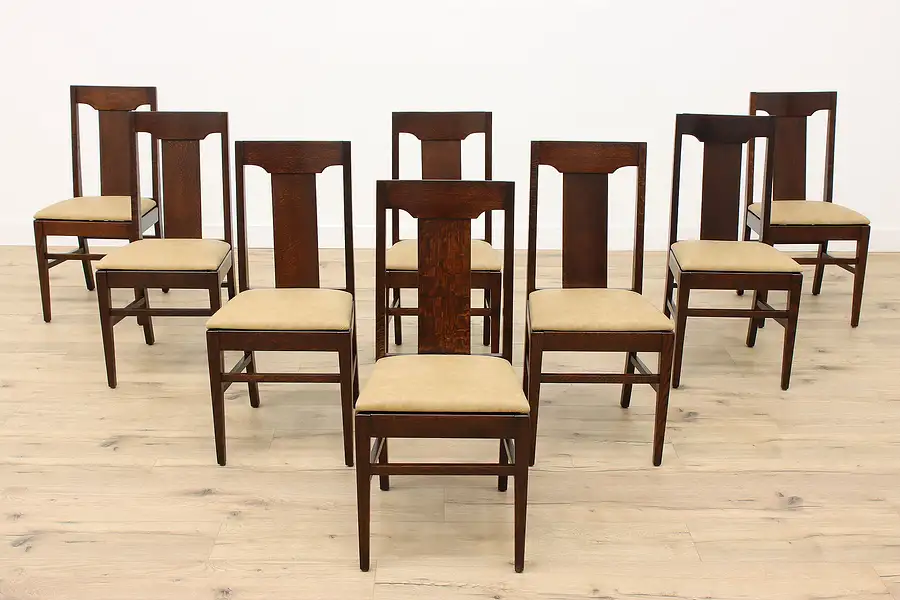 Main image of Set of 8 Arts Crafts Mission Oak Antique Craftsman Leather Dining Chairs