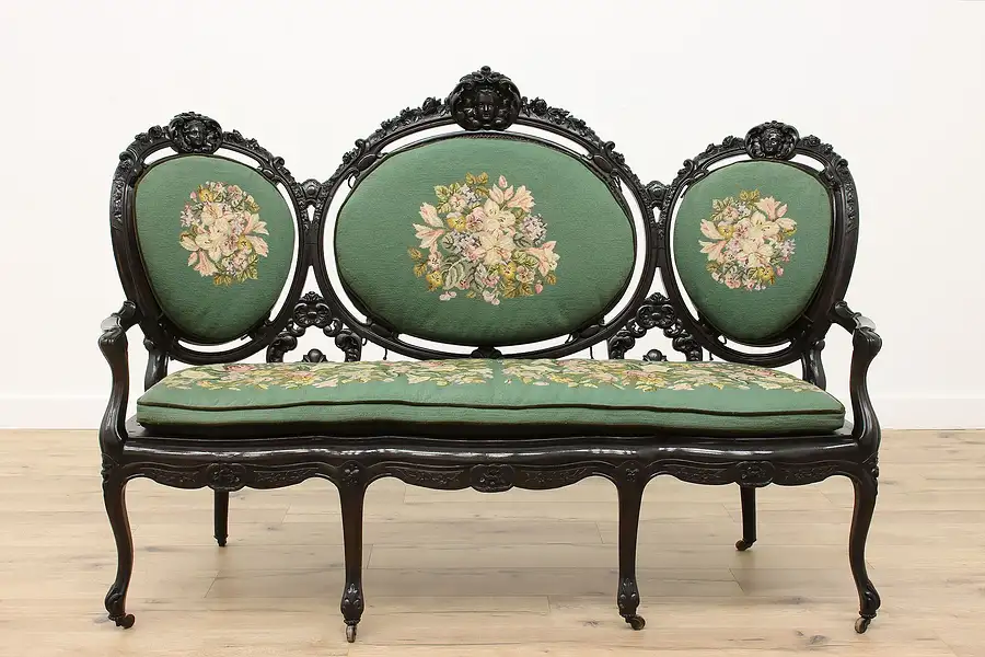 Main image of Victorian Antique Carved Rosewood Settee or Sofa, Cherubs, Needlepoint