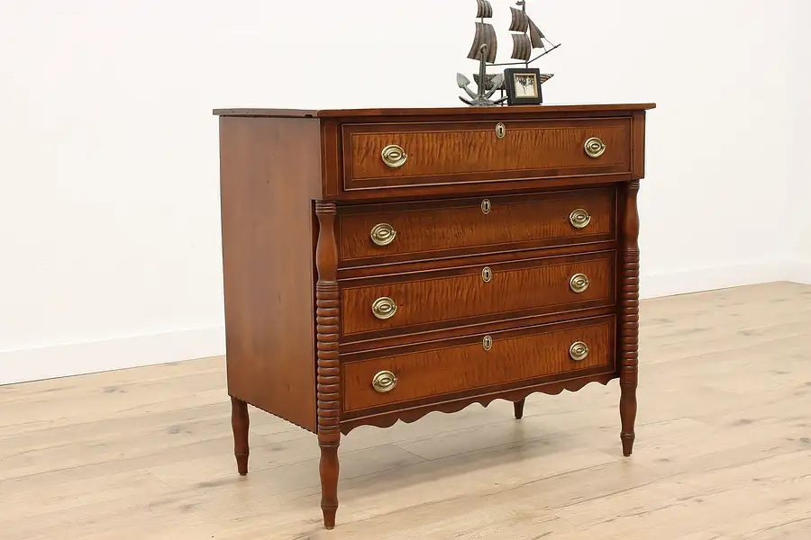 Main image of Sheraton Antique Walnut &Tiger Maple Chest or Dresser, Columns