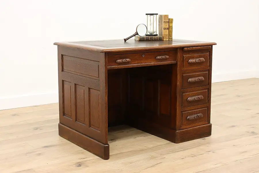 Main image of Victorian Antique Carved Oak Office or Library Desk, Leather Top